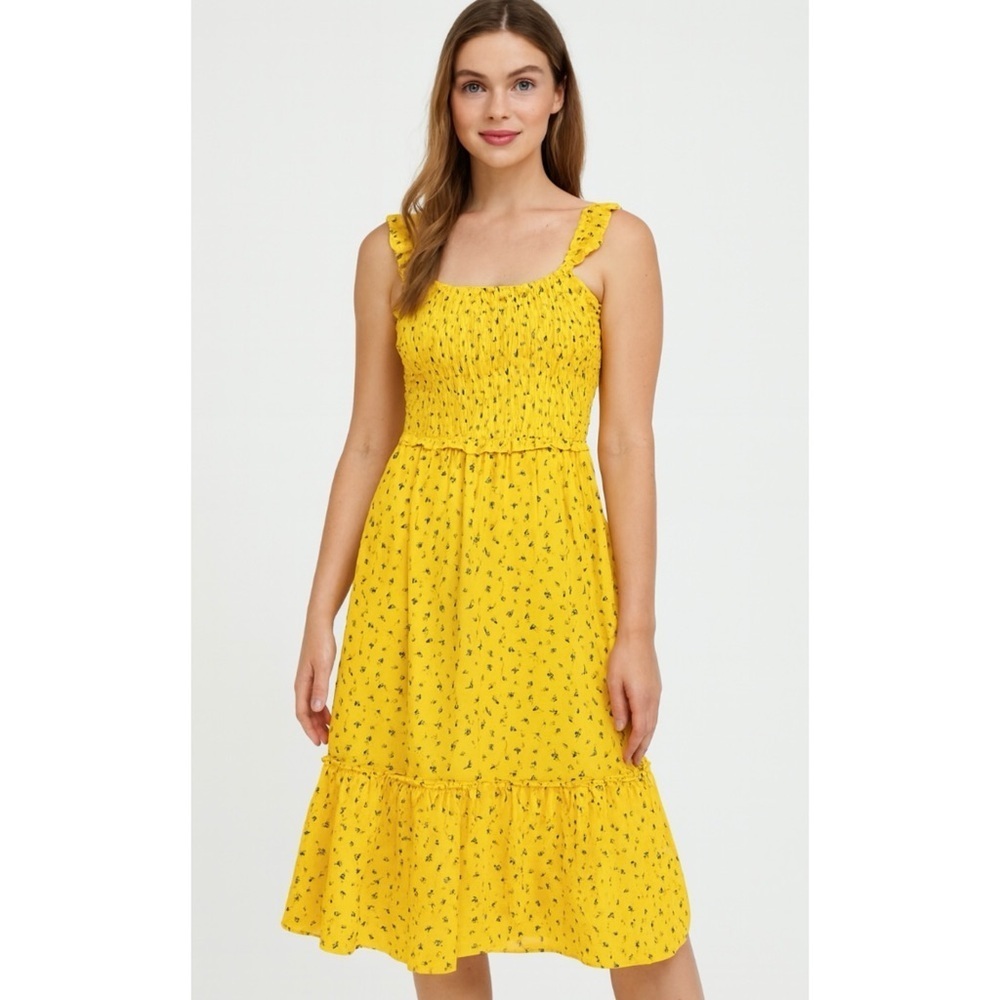 SUPERFOXX | Golden Yellow Boho Ruffled Mini Floral Cottagecore Dress Sz.‎ Large